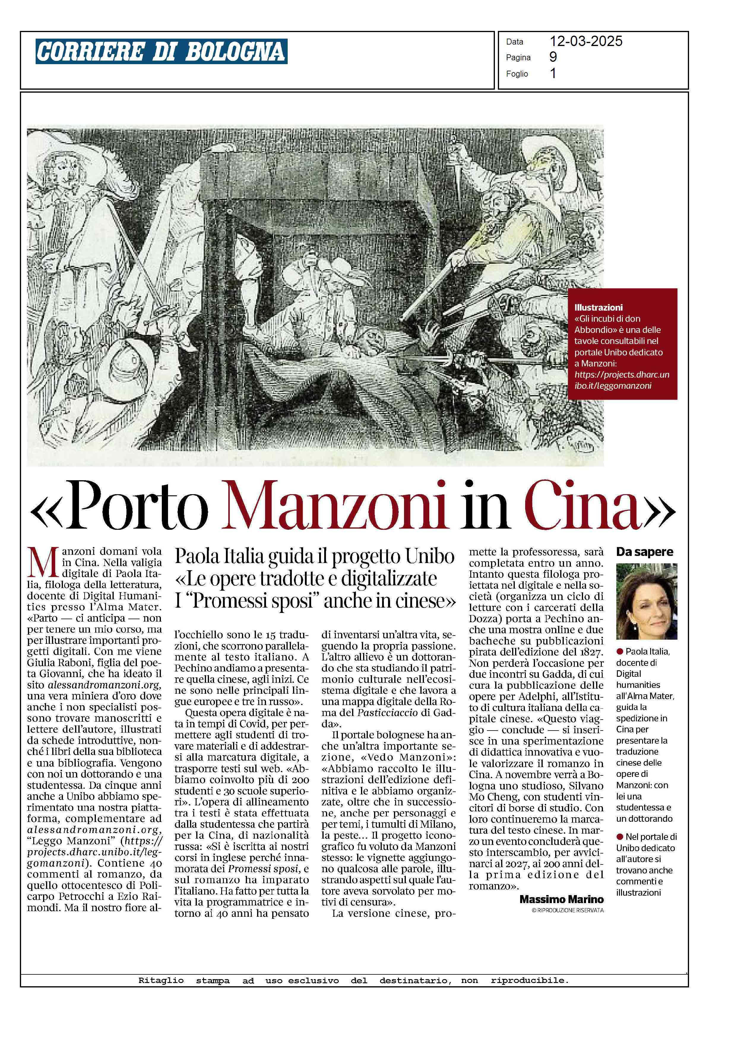 Articolo Corriere di Bologna - Porto Manzoni in Cina